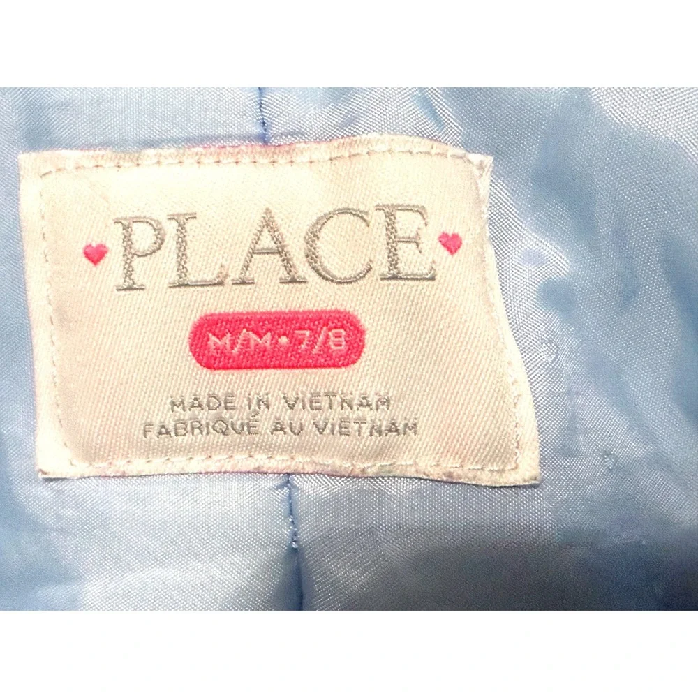 Childrens Place Blue White Marble Print Hooded Puffer Jacket Kids Size M 7/8